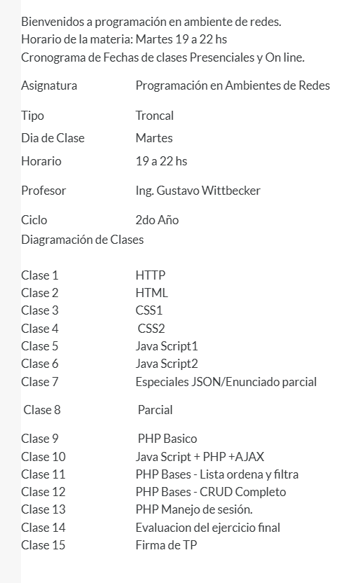 Cronograma de clases — Programación en Ambientes de Redes
